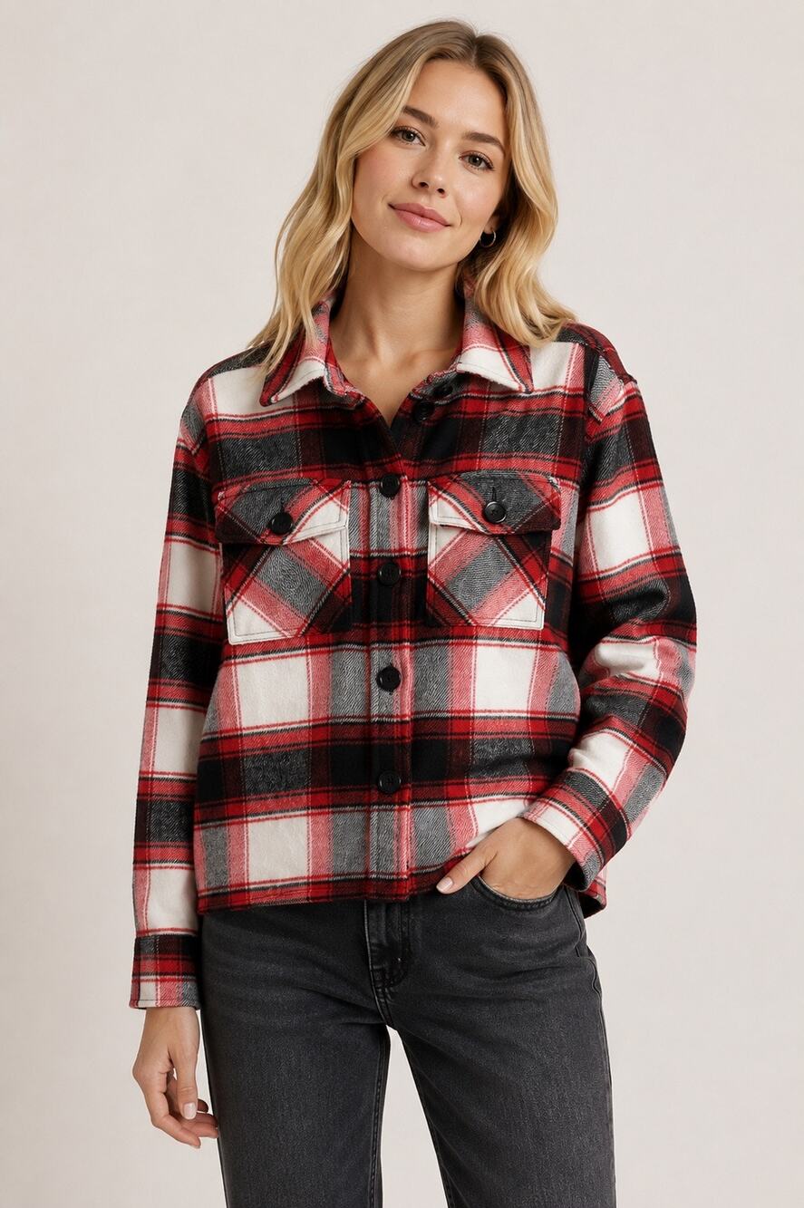 BB Dakota by Steve Madden Plaid Shacket Shirt Jacket Red Black White Size L